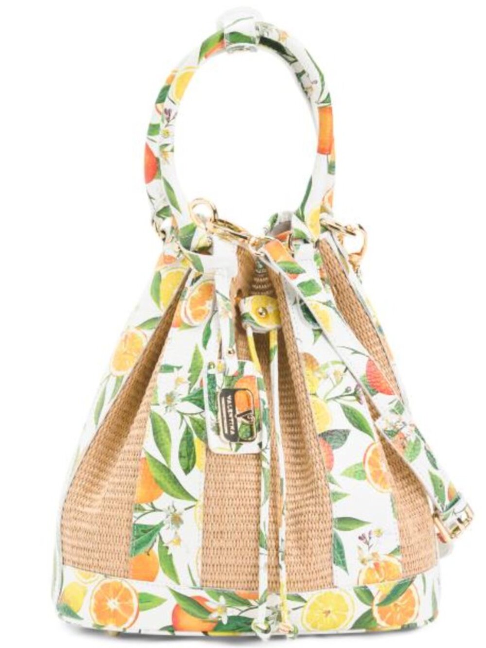 VALENTINA Made In Italy Straw Lemon Orange Print Front Bucket Bag